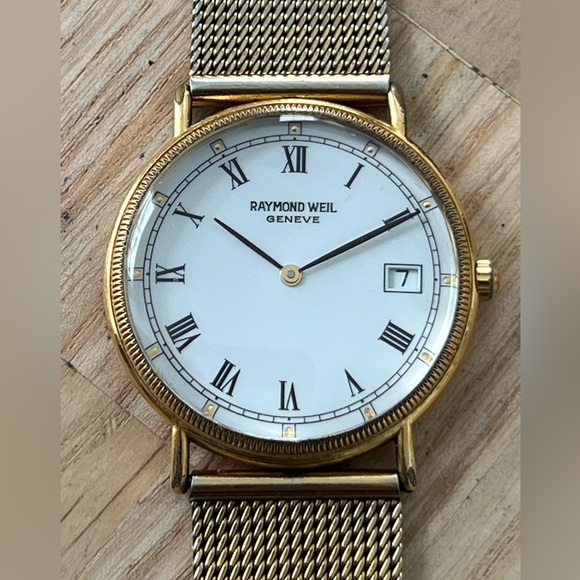 Raymond Weil 18K Gold Luxury Watch White Dial Gold Case Gold-Tone Bracelet Date - Picture 1 of 13